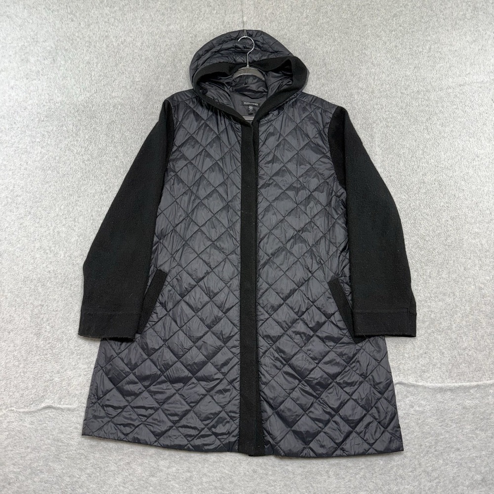 Eileen Fisher Eggshell Recycled Nylon Wool Hooded Puffer Jacket Large Parka Long